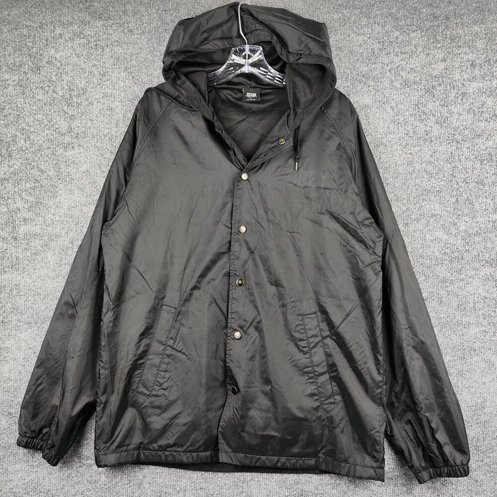 Obey Jacket Mens Large Black Hooded Snap Front Lined Nylon Windbreaker